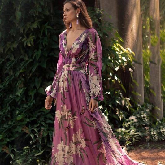 Floral Embroidered Pink Dress with Flowing Skirt – Elegant and Feminine Design