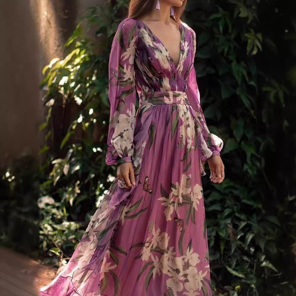 Floral Embroidered Pink Dress with Flowing Skirt – Elegant and Feminine Design