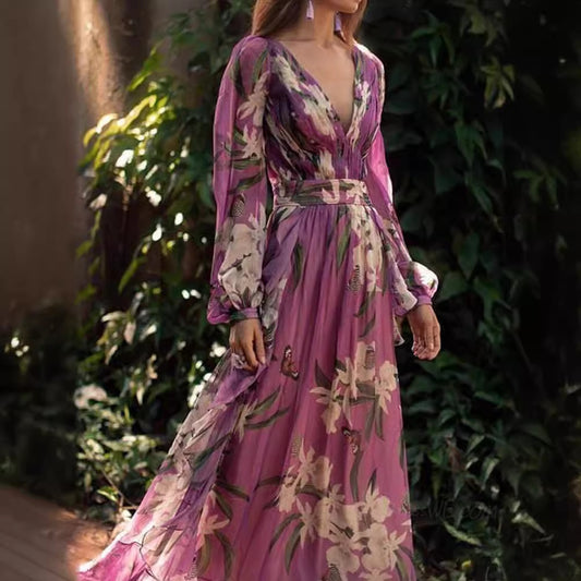 Floral Embroidered Pink Dress with Flowing Skirt – Elegant and Feminine Design